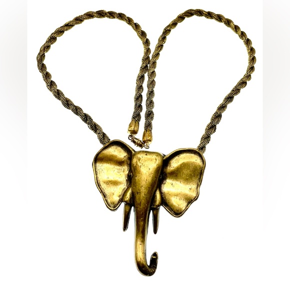 Vintage Large Brass Elephant Pendant on Black and Gold Cord Necklace Boho - Picture 4 of 8